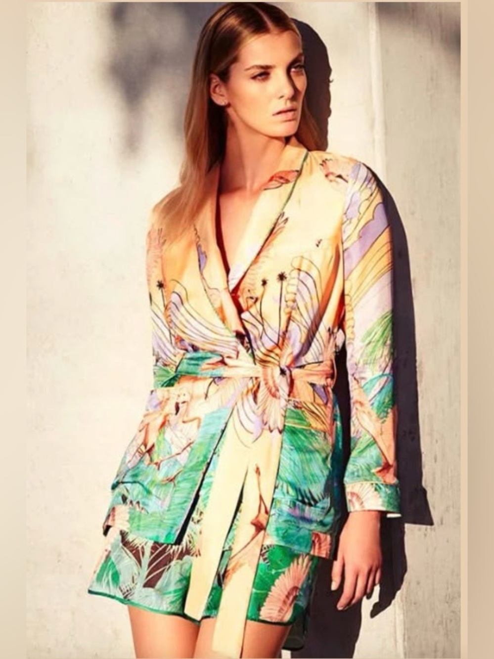 NWOT H&M Studio SS 2015 Silk Belted Jacket/Set Tropical Flamingo Print Sz S